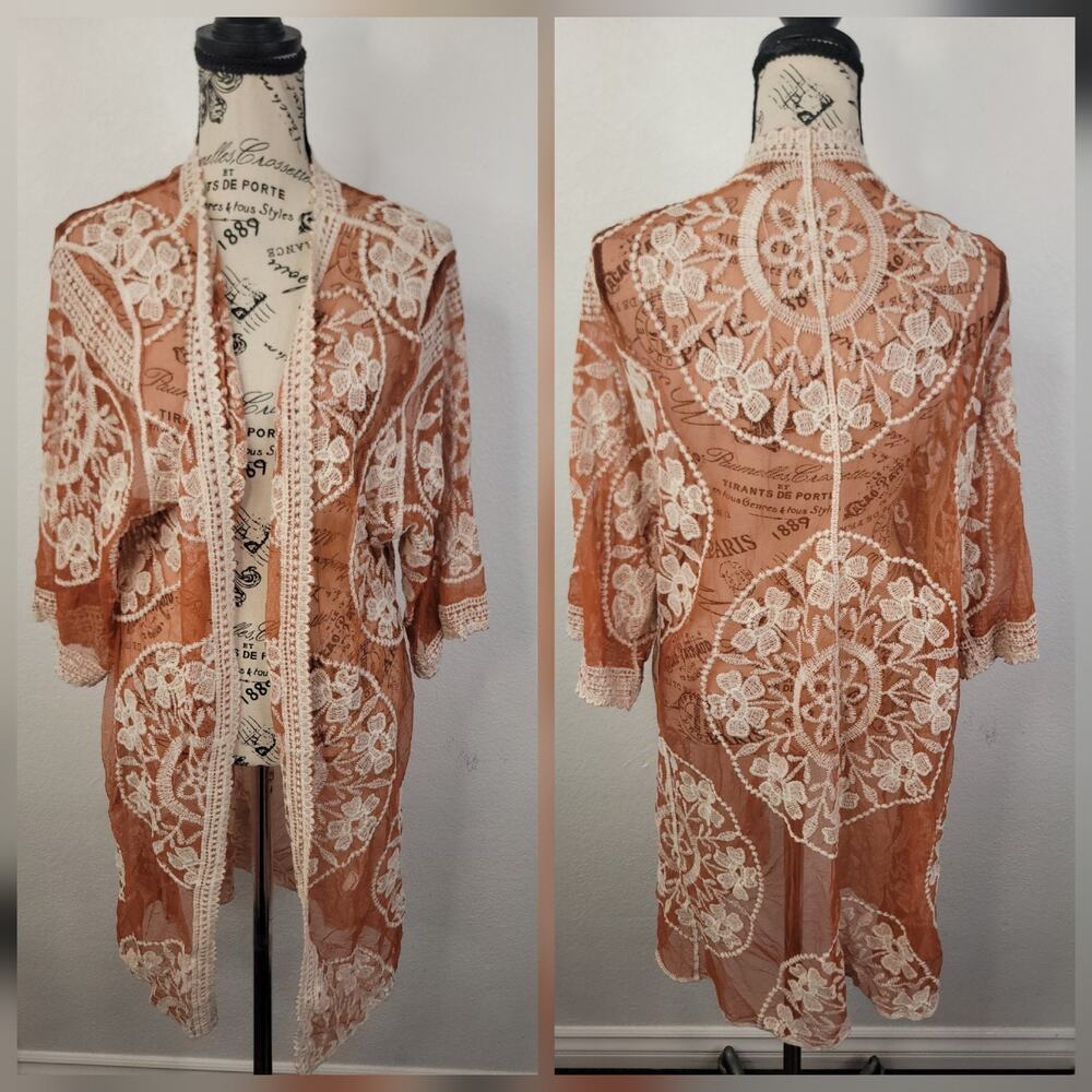Ann & Rose Kimono Caftan Sz Large Sheer Lace Cover Up Boho Whimsycal Vacation